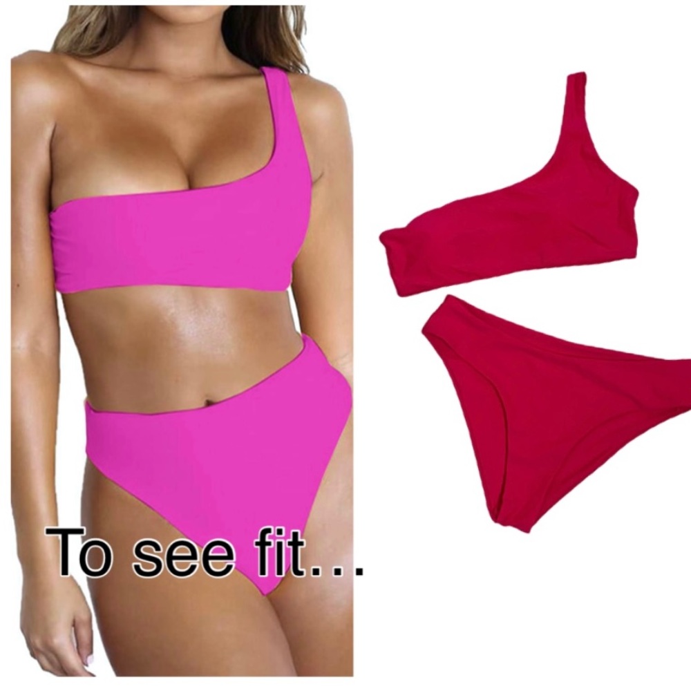 Byoauo Rose Red Pink One Shoulder Top High Waisted Bottom Bikini Swimsuit XL